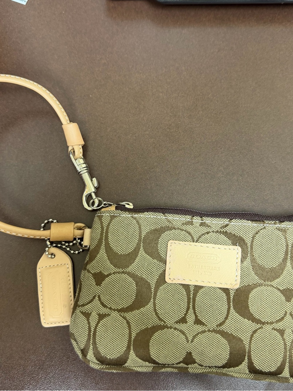 Coach Tan and Brown Signature Canvas Wristlet
